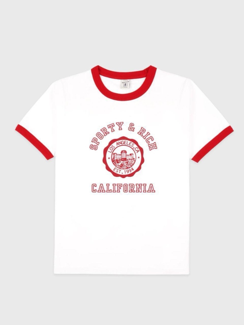 Sporty & Rich White Tee with Red Ringer Trim and California Graphic